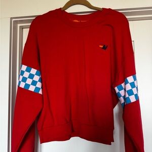 Aviator Nation Red Sweatshirt with Blue and White Checkered Sleeves
